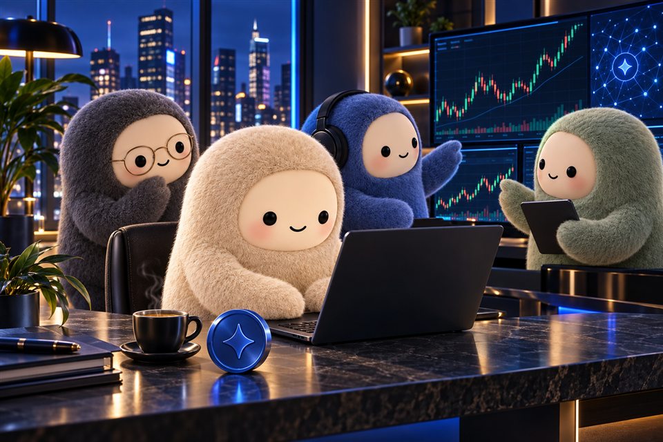 Four muses in distinct colors collaborating at a crypto trading desk