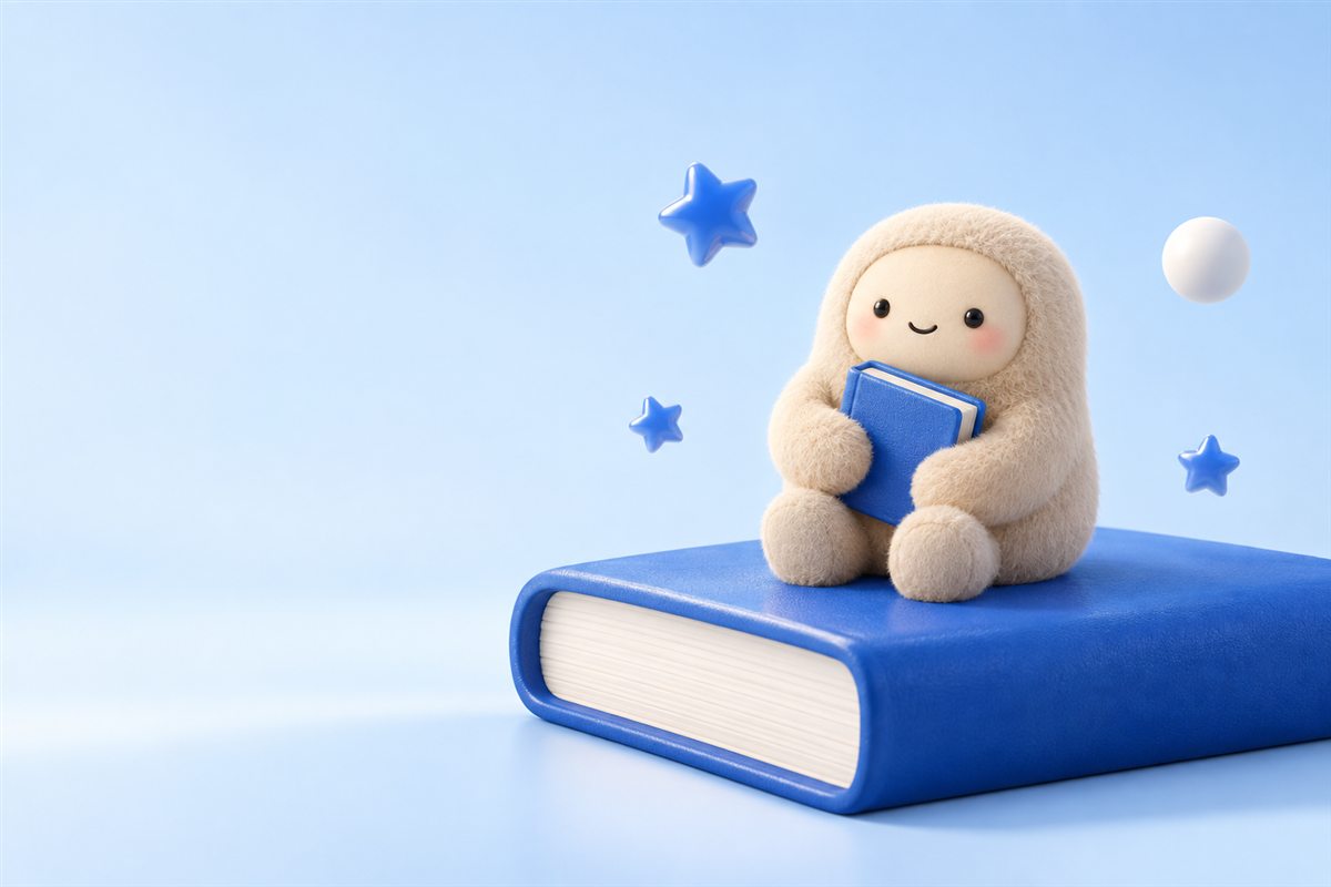 A smiling cream-colored muse hugging a blue book, seated on a larger book among floating blue stars